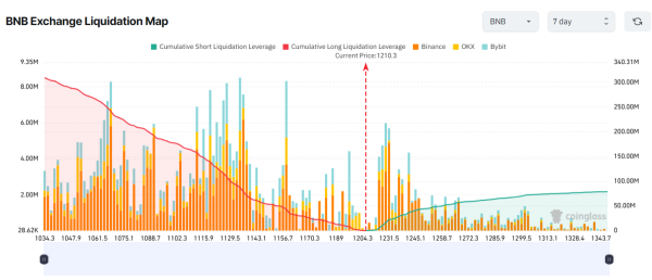 Carte de liquidation de la bourse BNB. Source : Coinglass.
